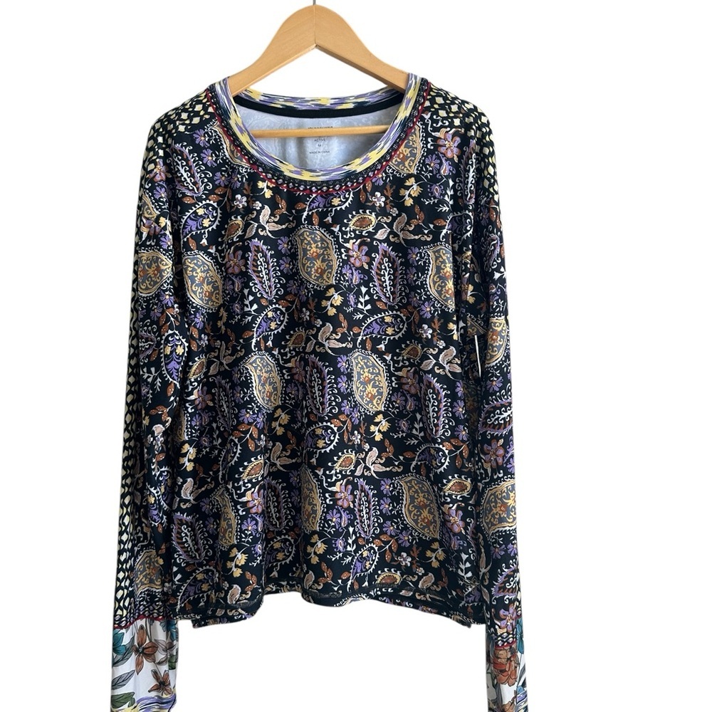 Johnny Was Black Long Sleeve Paisley Top with Purple & Gold Accents